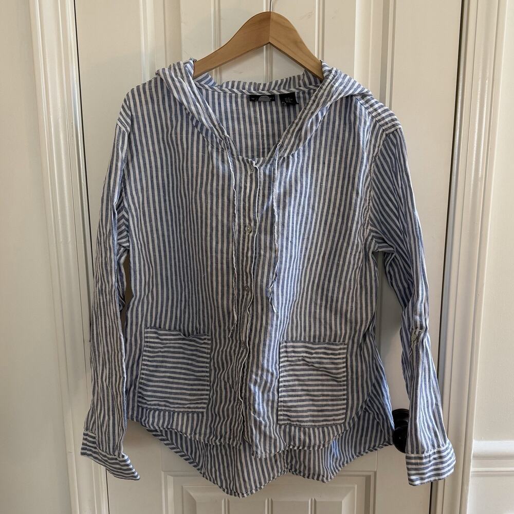 Tahari 100% Linen Tunic Blouse Blue Stripe Women’s Size Medium Has Hood